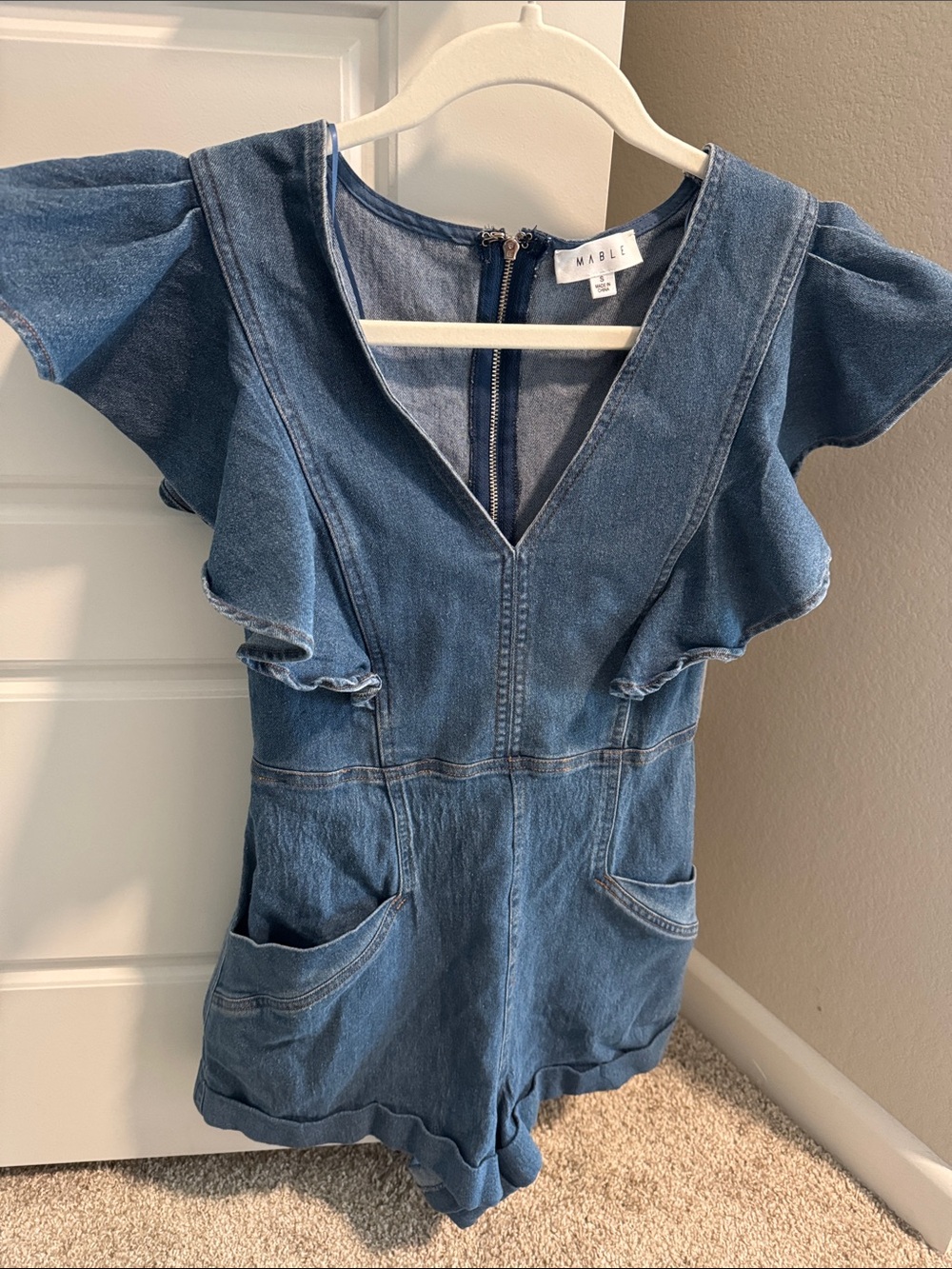 MABLE Women’s Blue Denim Ruffle Sleeve One-Piece Romper